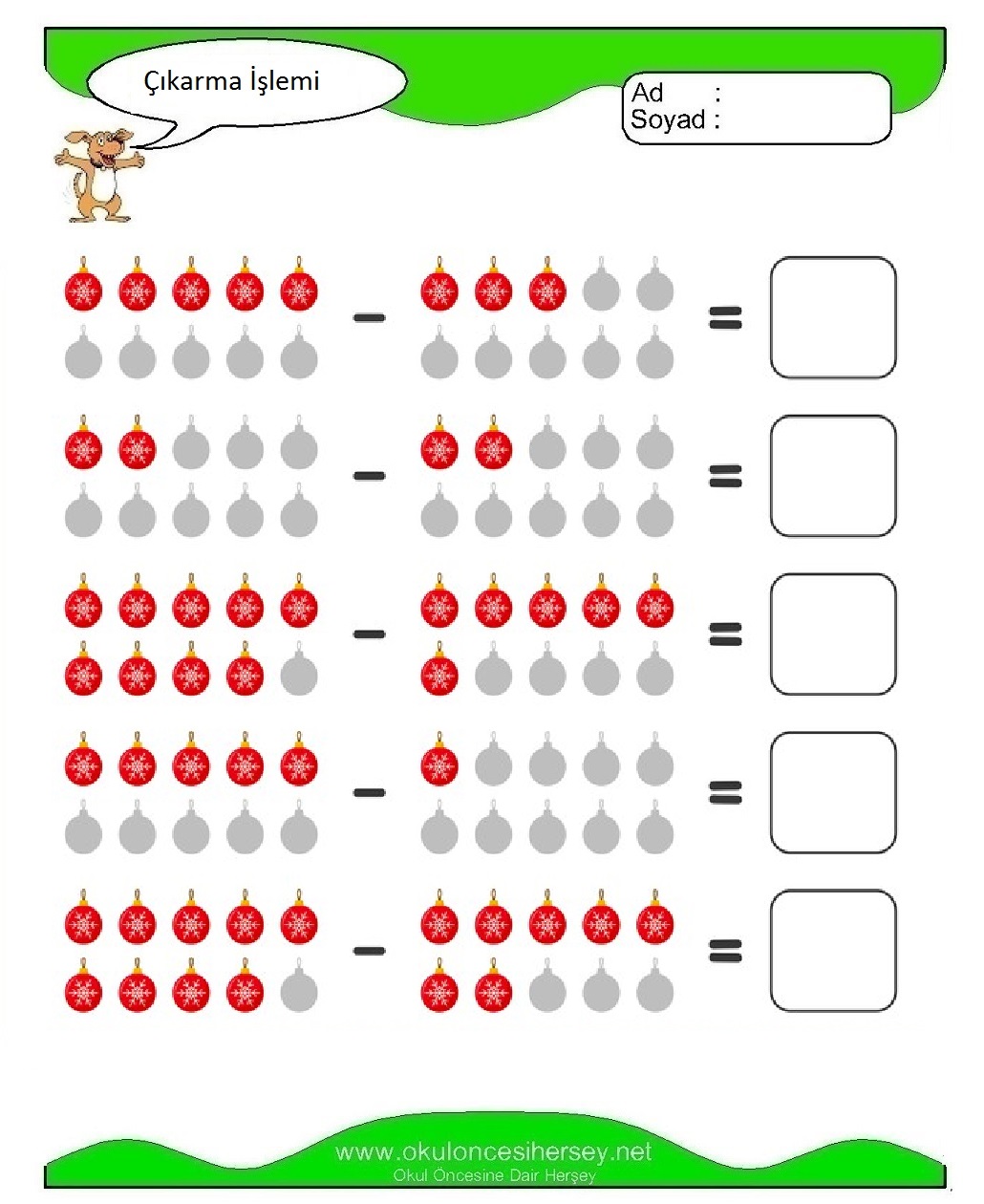 okul öncesi çocuklar için Çıkarma İşlemi çalışma sayfaları